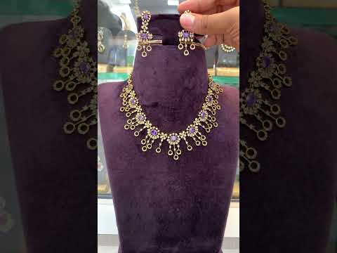 Beautiful short necklace with purple colour stones , uncut stones -pairing with beautiful earrings